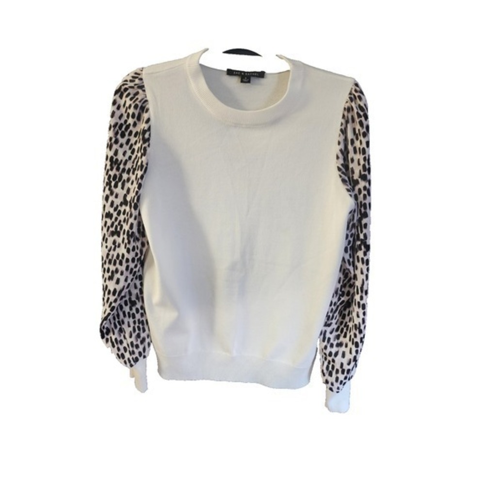 Zac & Rachel Ivory Top Leopard Print Puff Sleeve Crew Neck Size S Sweater